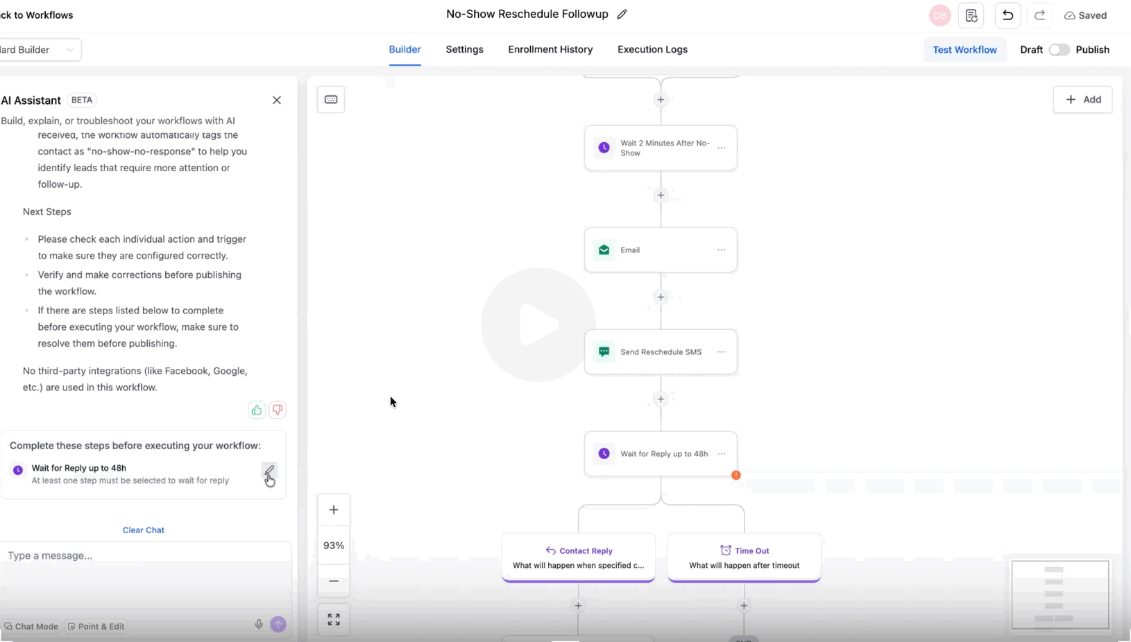 Animated screenshot of a HighLevel workflow automation with AI assistant panel and follow-up steps.